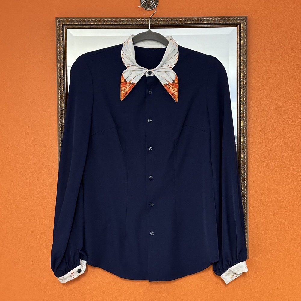EUC Navy Oversized Moth Wing Print Dagger Collar Blouse Sz M Novelty Fairycore
